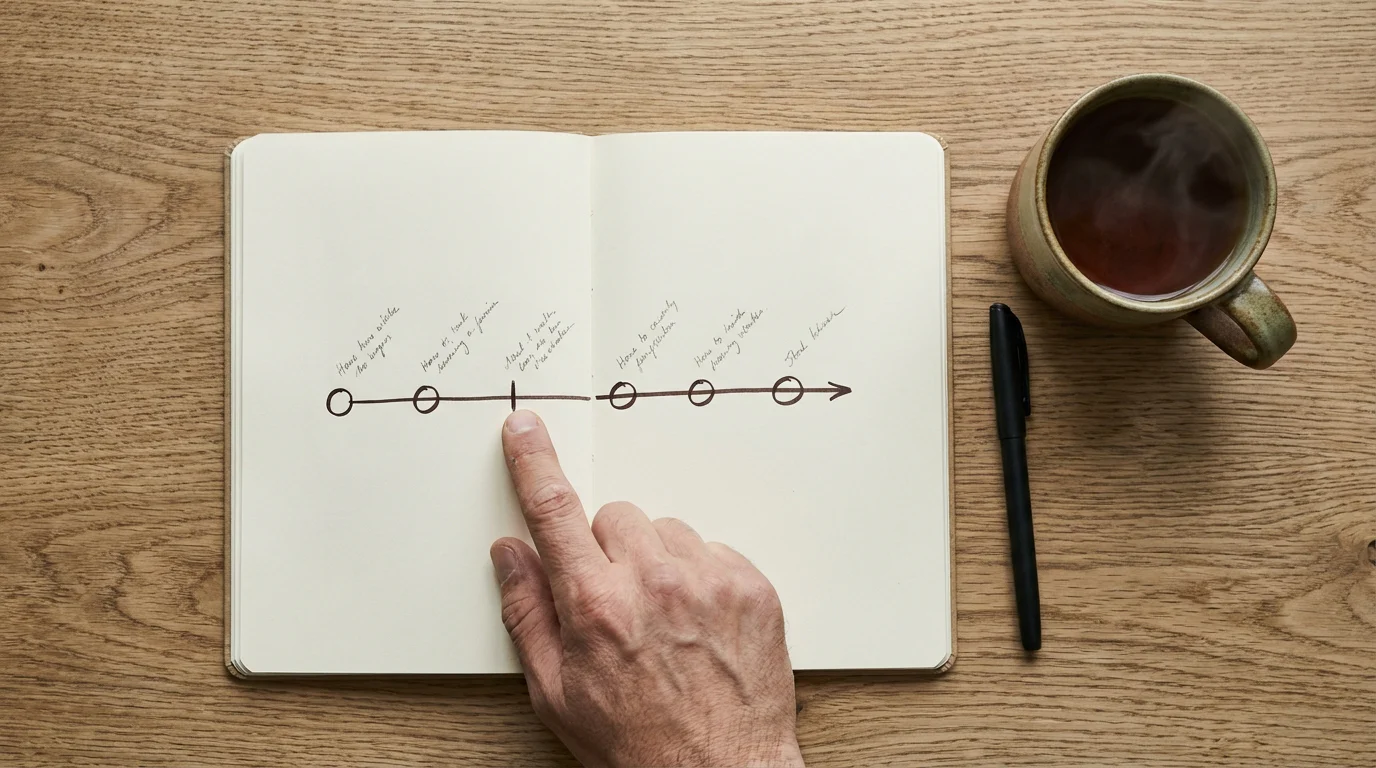 An open notebook with a hand-drawn timeline showing exclusion periods, next to a cup of tea