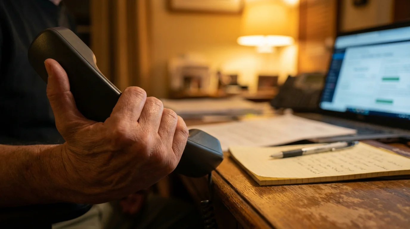 Close-up of a person's hand holding a phone receiver at a home desk with notes and a pen