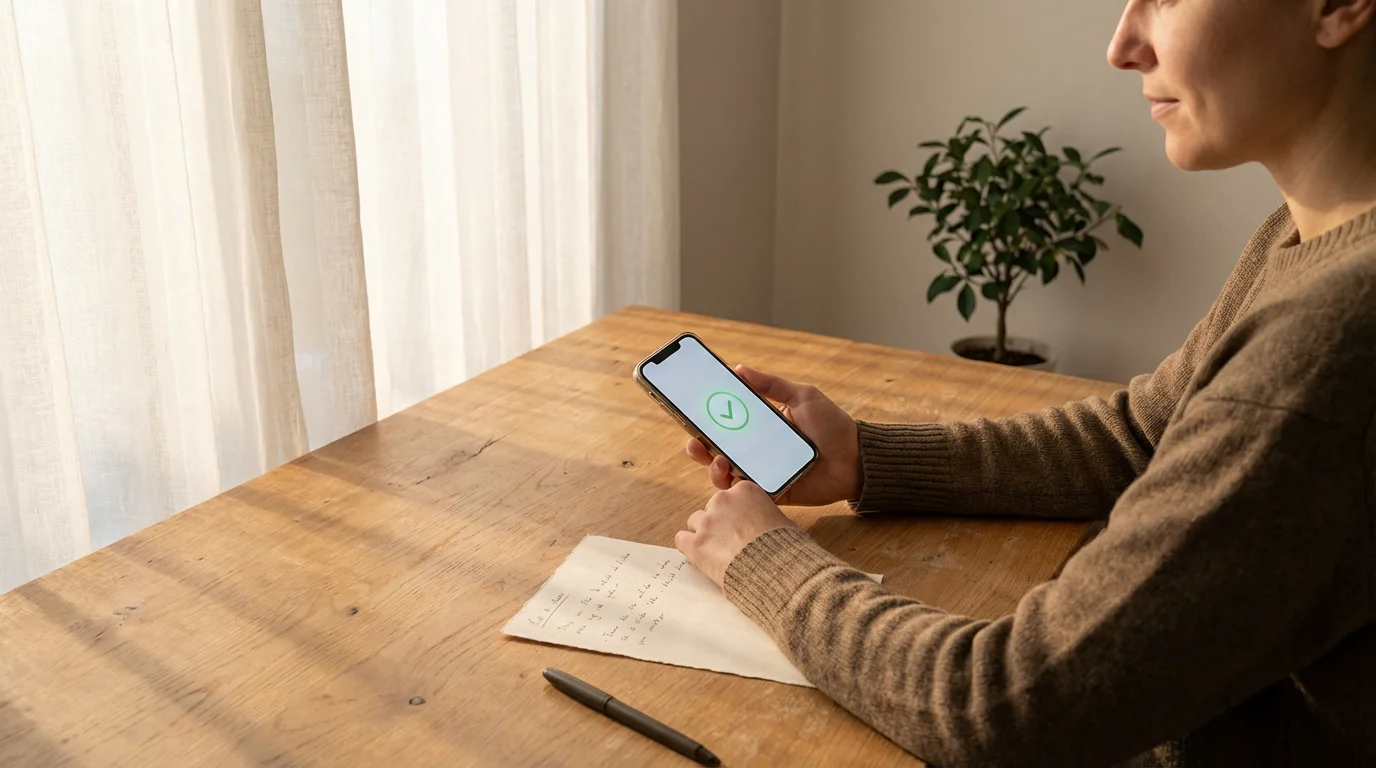 Person holding a smartphone showing a self-exclusion confirmation screen, with soft morning light through a window