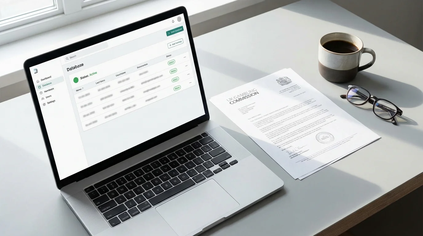 Office desk with a laptop displaying a database interface and verification documents