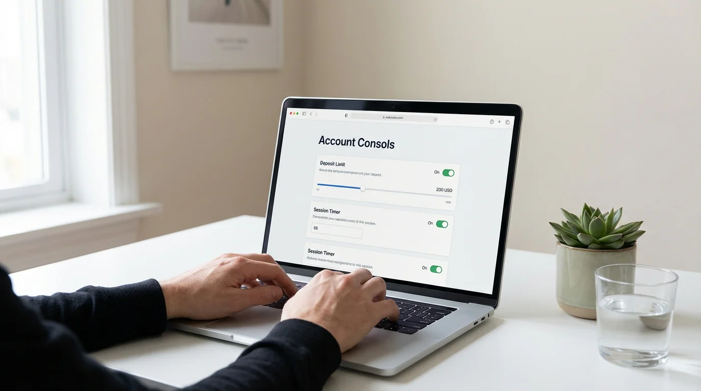 Laptop screen showing an account settings page with limit controls, in a calm home office setting